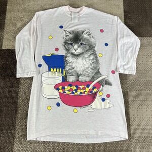 VTG 80'S KITTEN SPILL BOWL OF CEREAL‎ & MILK YOUTH NIGHT SHIRT SOFT ONE SIZE USA
